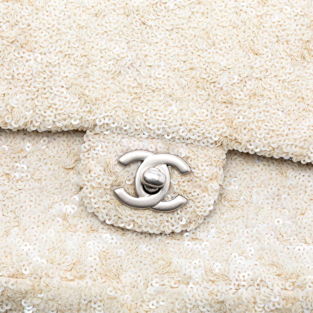 Chanel B Chanel Brown Light Beige Mesh Fabric Medium CC Sequins Single Flap Italy