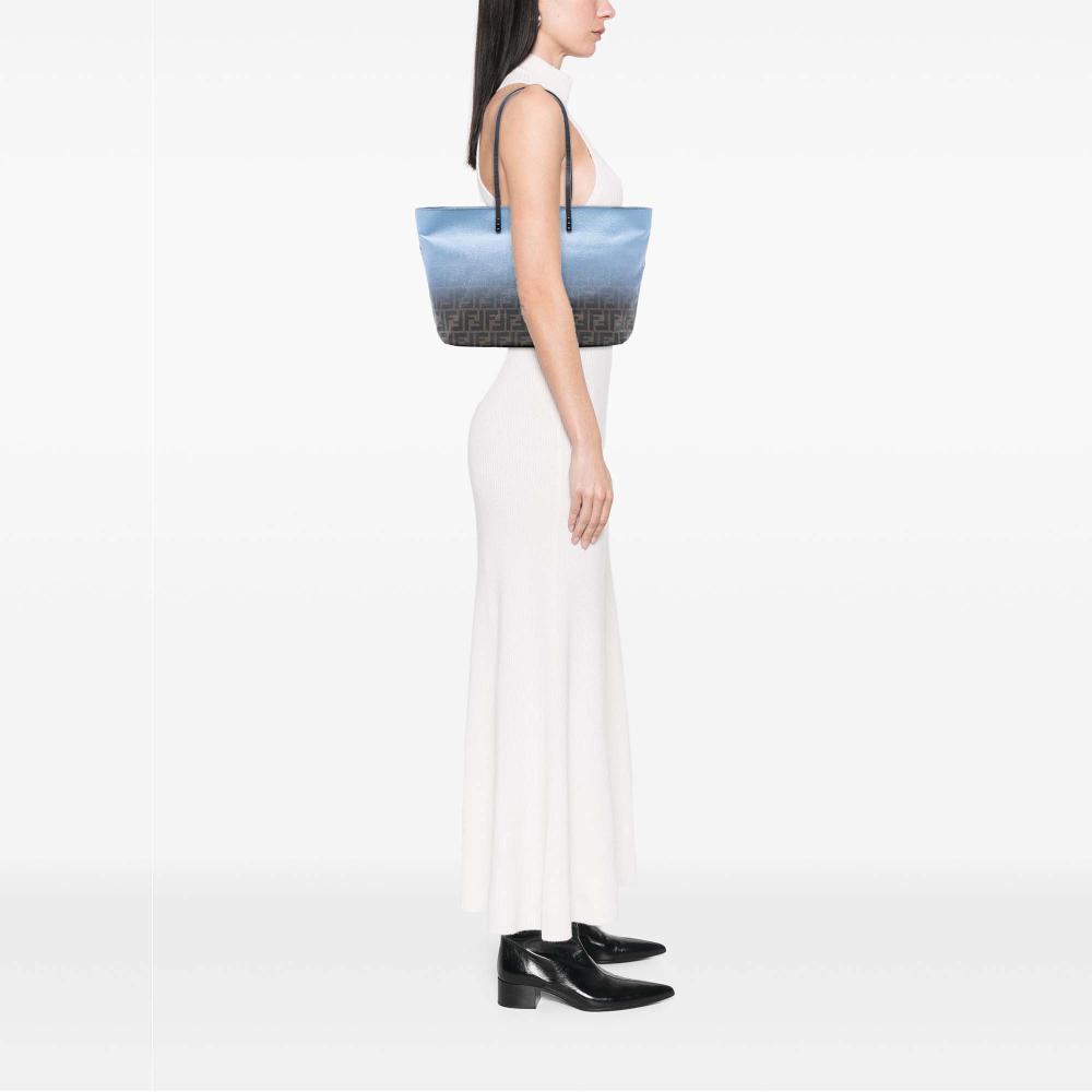 Fendi B Fendi Blue Light Blue with Brown Coated Canvas Fabric Medium Ombre Zucca Spalmati Roll Tote Italy