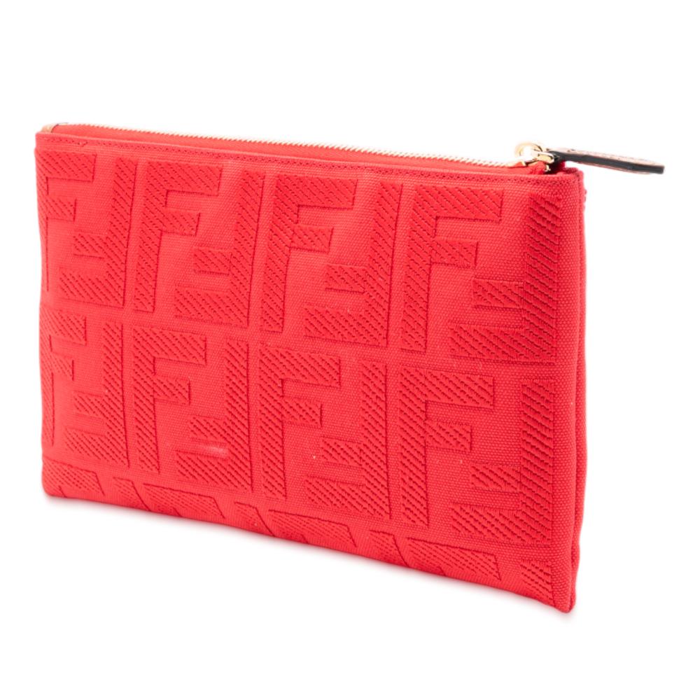 Fendi AB Fendi Red Canvas Fabric Zucca Embroidered Zip Pouch Italy