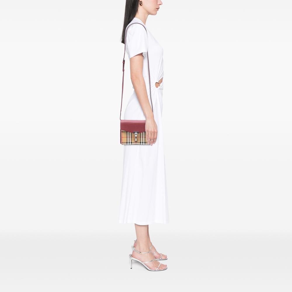 Burberry B Burberry Red Calf Leather Small and House Check Canvas Derby Macken Crossbody Italy