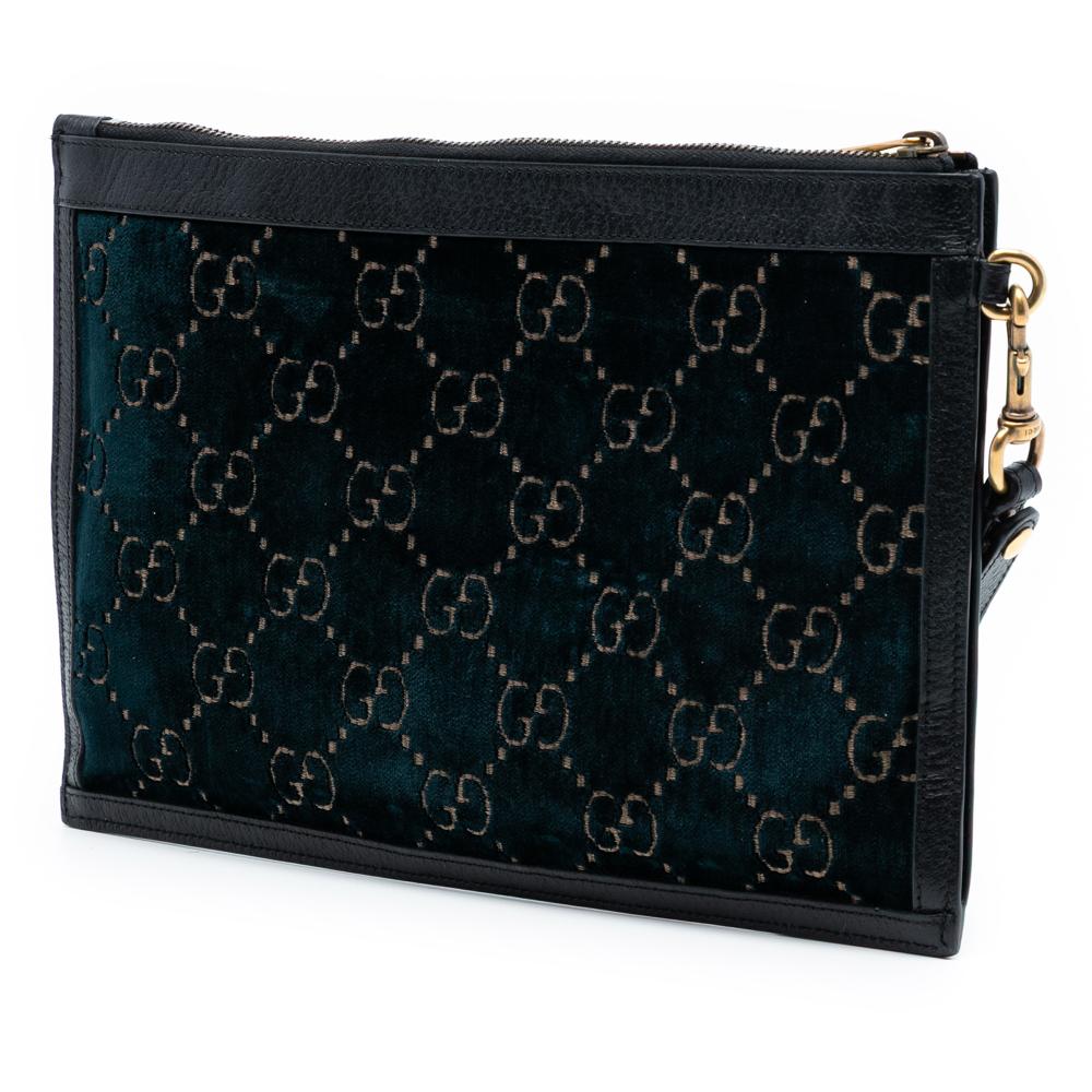 Gucci B Gucci Blue Navy Velvet Fabric GG Ophidia Clutch Italy