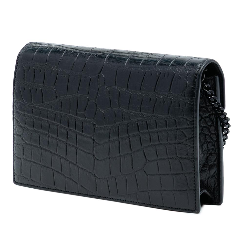 Saint Laurent AB Saint Laurent Black Calf Leather Croc Embossed Monogram Monochrome Envelope Chain Wallet Italy