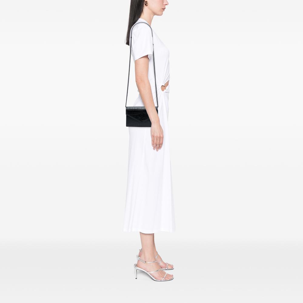 Saint Laurent AB Saint Laurent Black Calf Leather Croc Embossed Monogram Monochrome Envelope Chain Wallet Italy