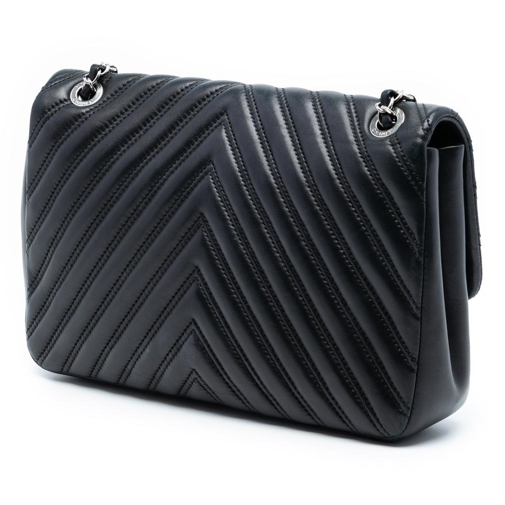 Chanel Black Lambskin Leather Leather Jumbo Classic Chevron Lambskin Double Stitch Single Flap Italy