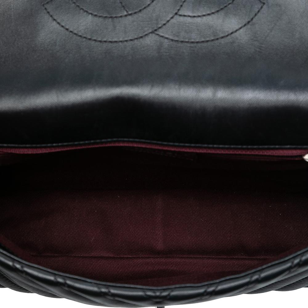 Chanel Black Lambskin Leather Leather Jumbo Classic Chevron Lambskin Double Stitch Single Flap Italy