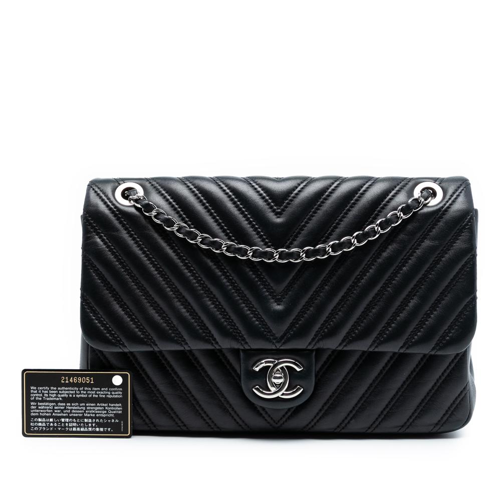 Chanel Black Lambskin Leather Leather Jumbo Classic Chevron Lambskin Double Stitch Single Flap Italy