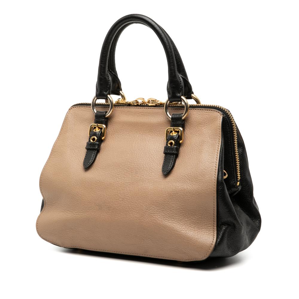 Miu Miu B Miu Miu Brown Beige with Black Goatskin Leather Bicolor Madras Satchel Italy