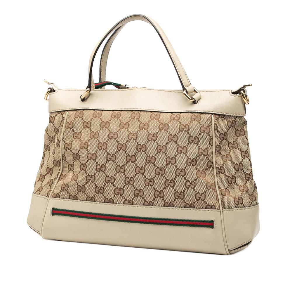 Gucci B Gucci Brown Beige with White Canvas Fabric GG Web Mayfair Satchel Italy