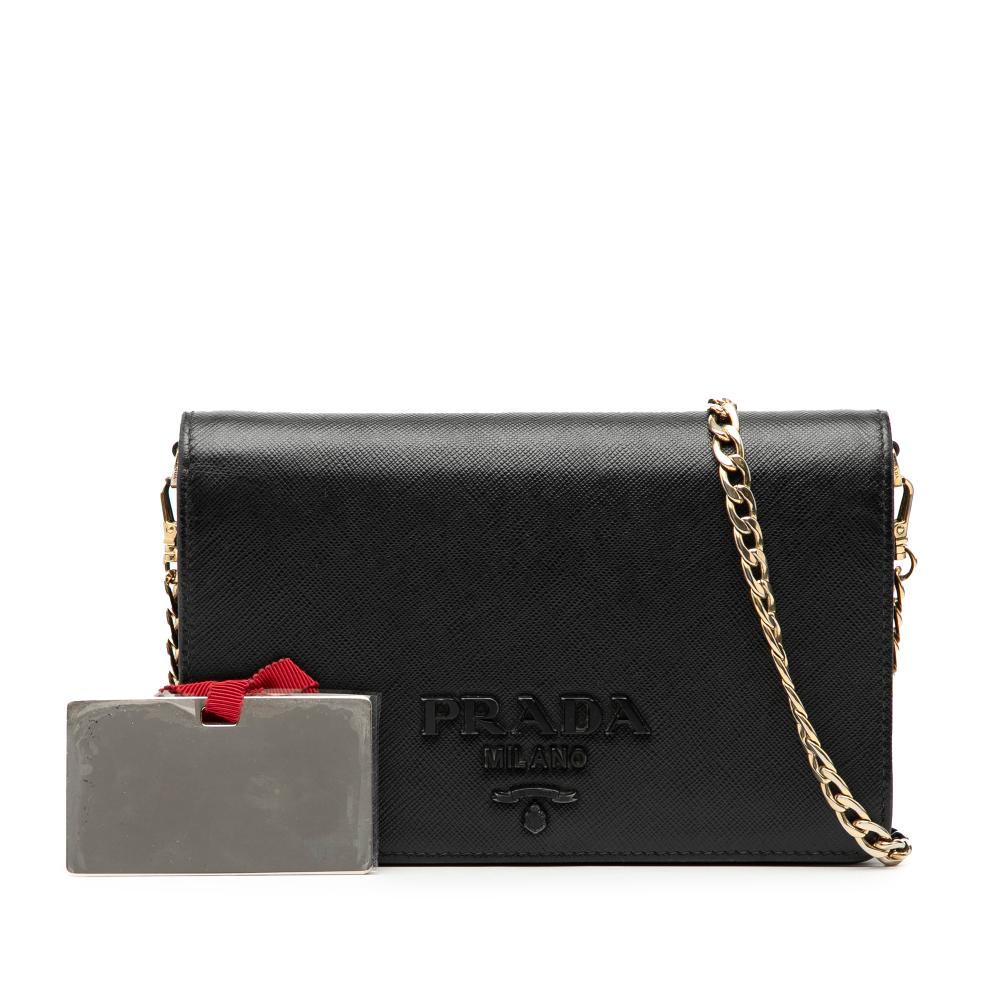 Prada B Prada Black Saffiano Leather Lux Monochrome Wallet on Chain Italy