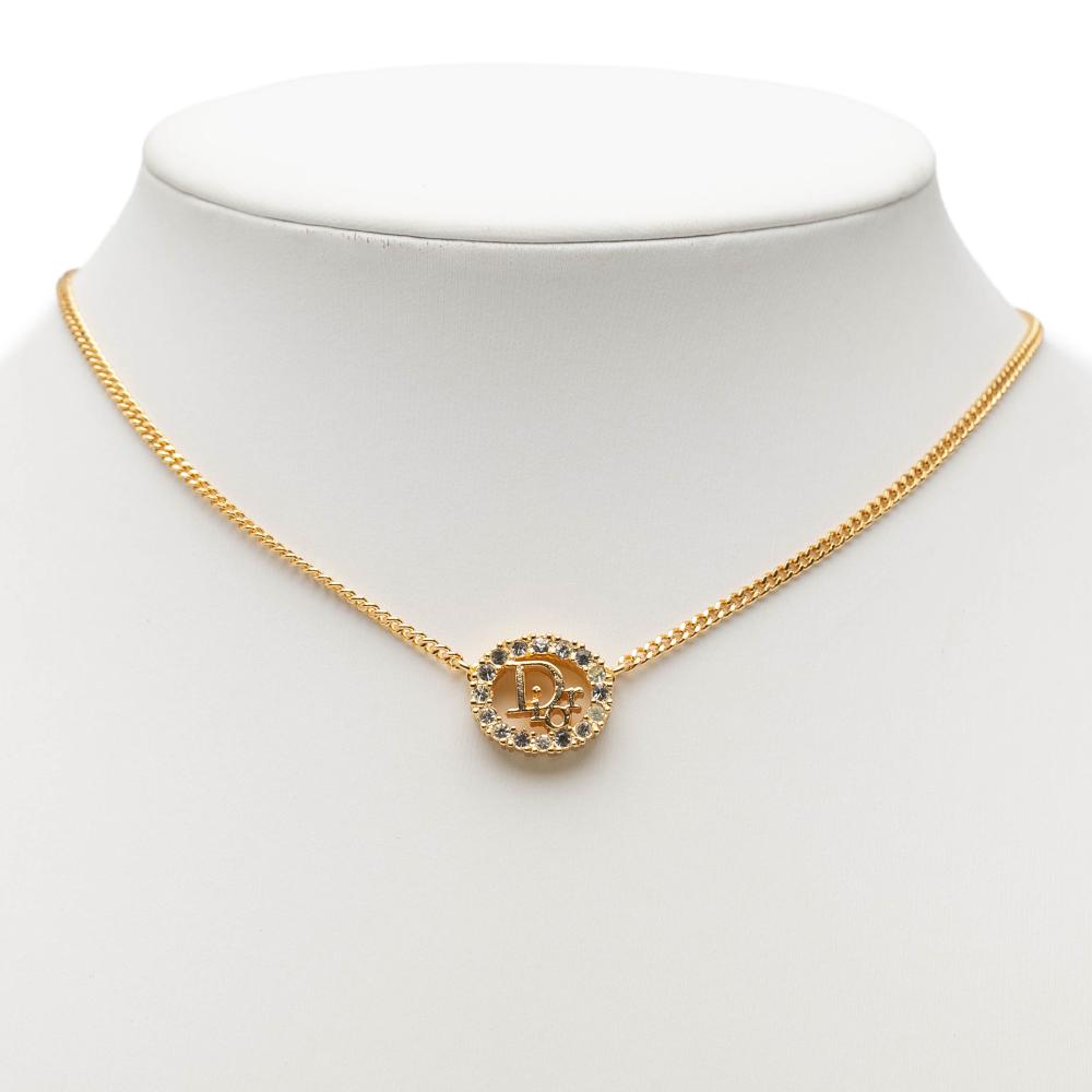 Christian Dior B Dior Gold Gold Plated Metal Rhinestone CD Logo Pendant Necklace France
