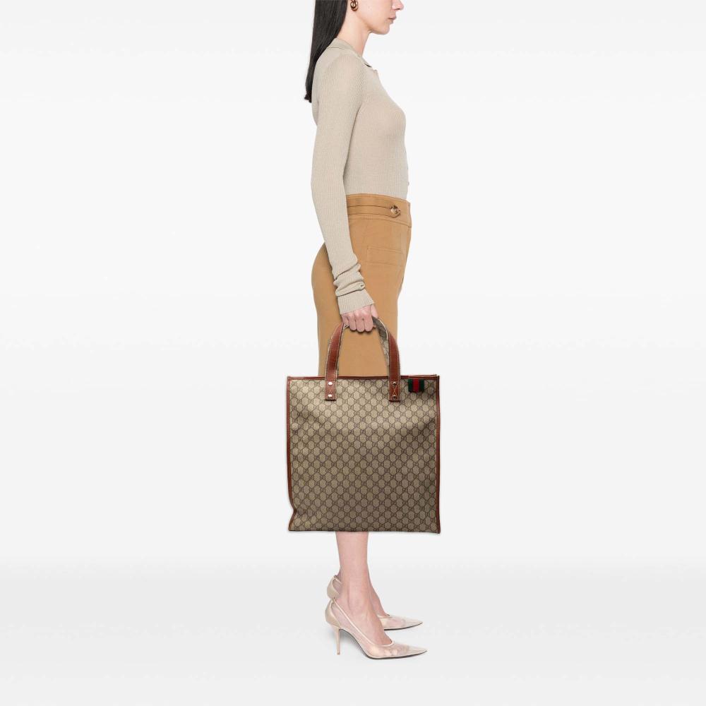 Gucci B Gucci Brown Beige Coated Canvas Fabric GG Supreme Web Tote Italy