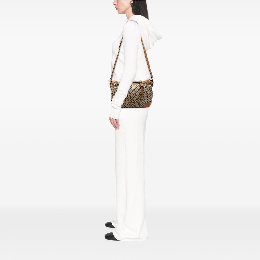 Gucci B Gucci Brown Beige Canvas Fabric Diamante Sukey Satchel Italy