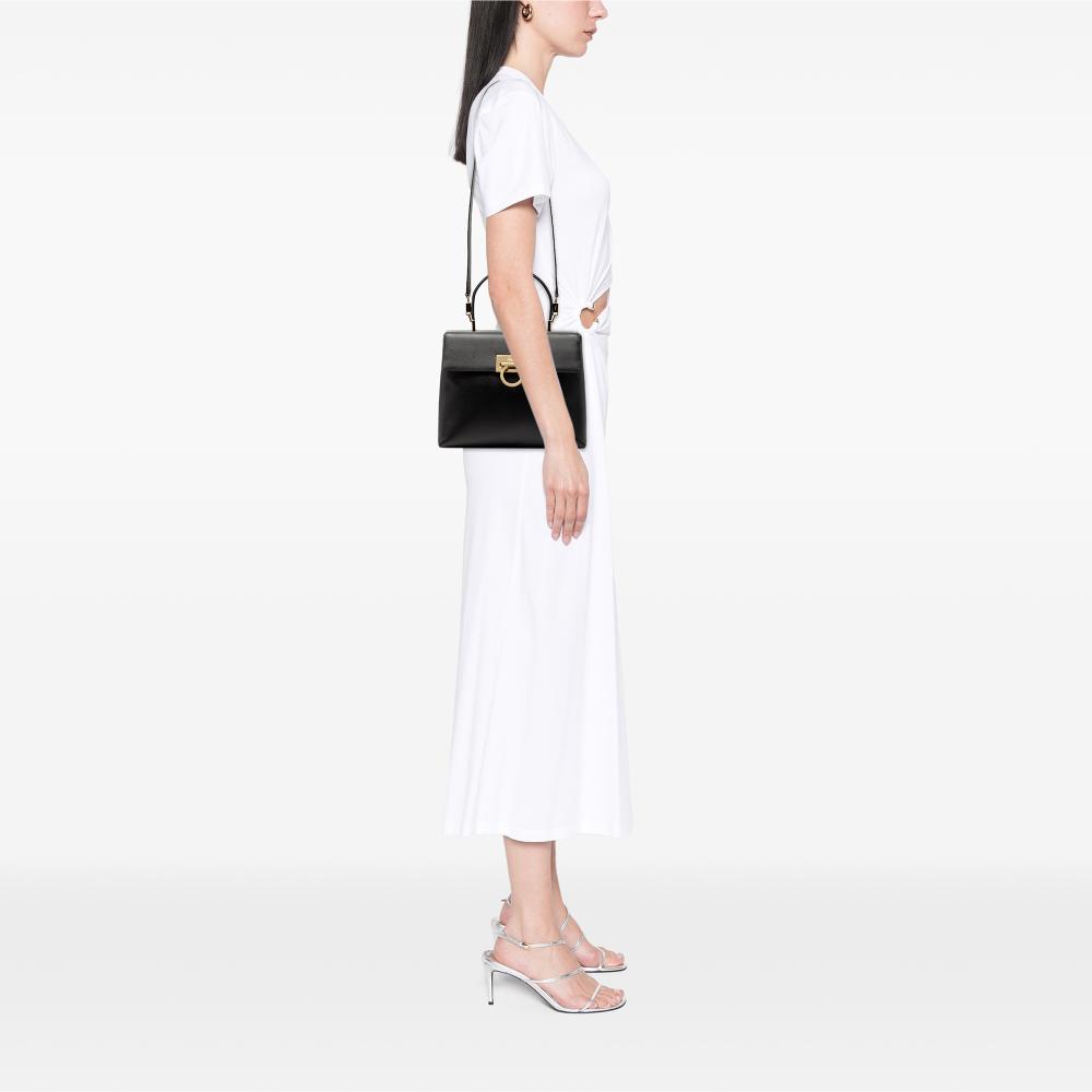 Ferragamo AB Ferragamo Black Calf Leather Gancini Iconic Top Handle Bag Italy