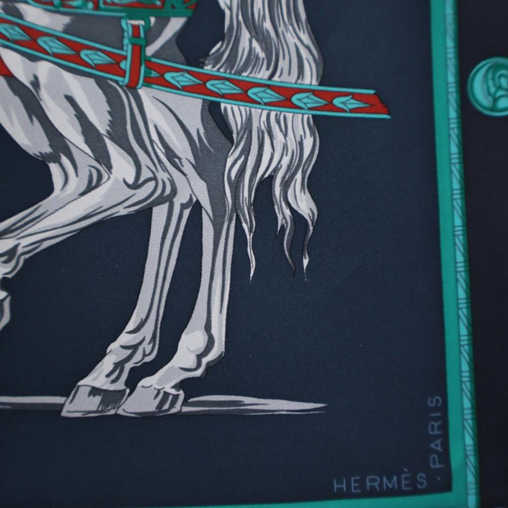 Hermès AB Hermès Green Dark Green with Blue Navy Silk Fabric Harnais Francais Scarf France