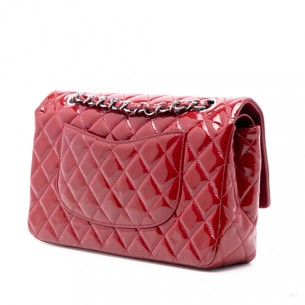 Chanel Classic Double Flap Medium Patent Leather Matelassè Shoulder Bag Red