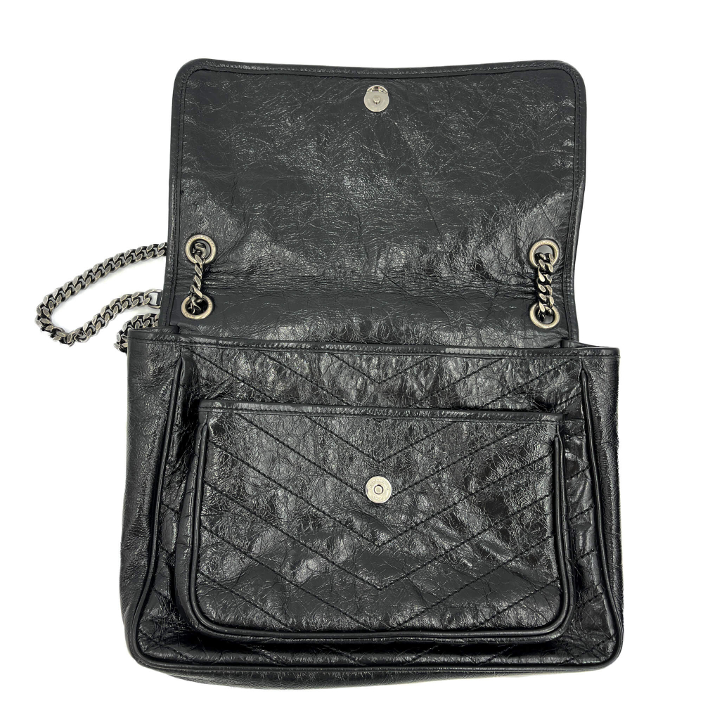 Saint Laurent Niki Large Chevron Quilted Vintage Calf Leather 2-Ways Flap Shoulder Bag Black