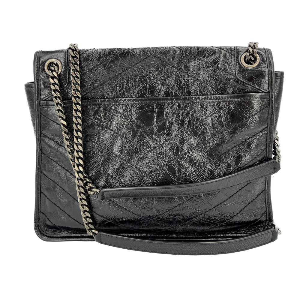 Saint Laurent Niki Large Chevron Quilted Vintage Calf Leather 2-Ways Flap Shoulder Bag Black