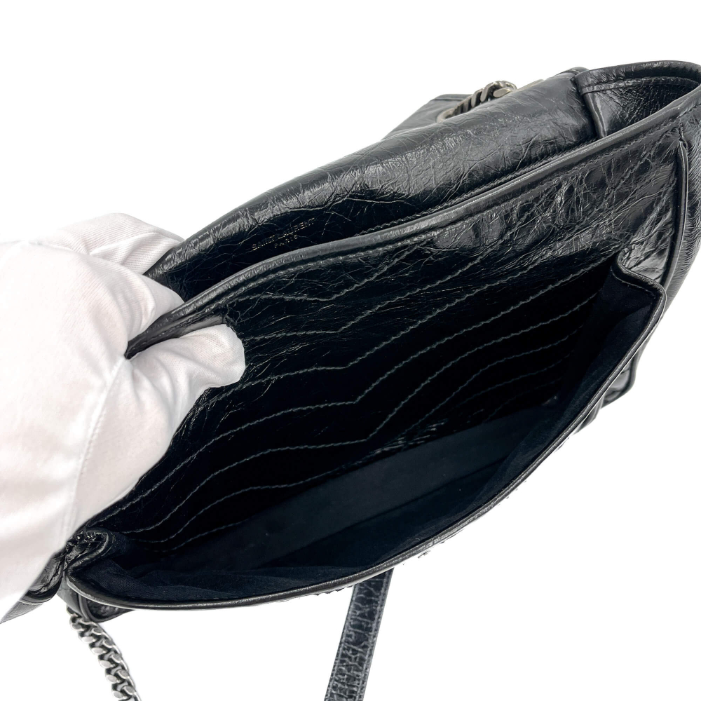 Saint Laurent Niki Large Chevron Quilted Vintage Calf Leather 2-Ways Flap Shoulder Bag Black