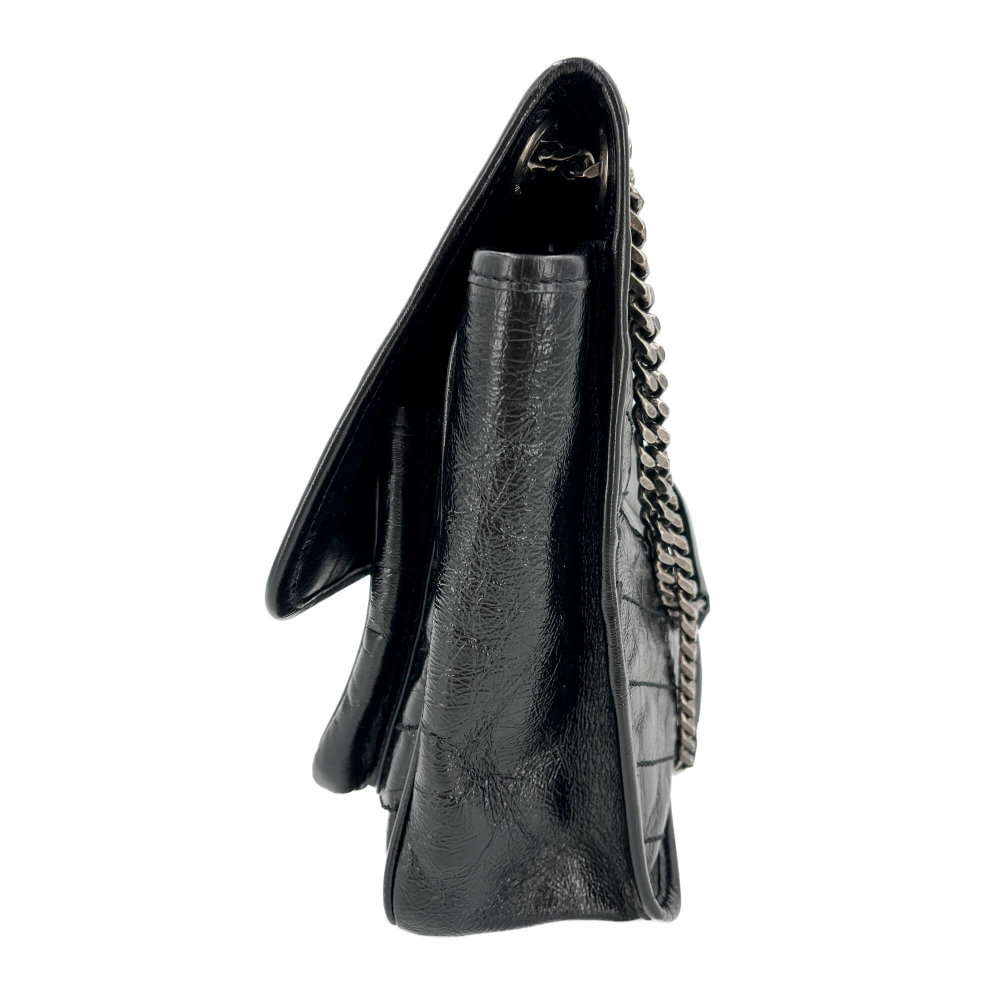 Saint Laurent Niki Large Chevron Quilted Vintage Calf Leather 2-Ways Flap Shoulder Bag Black