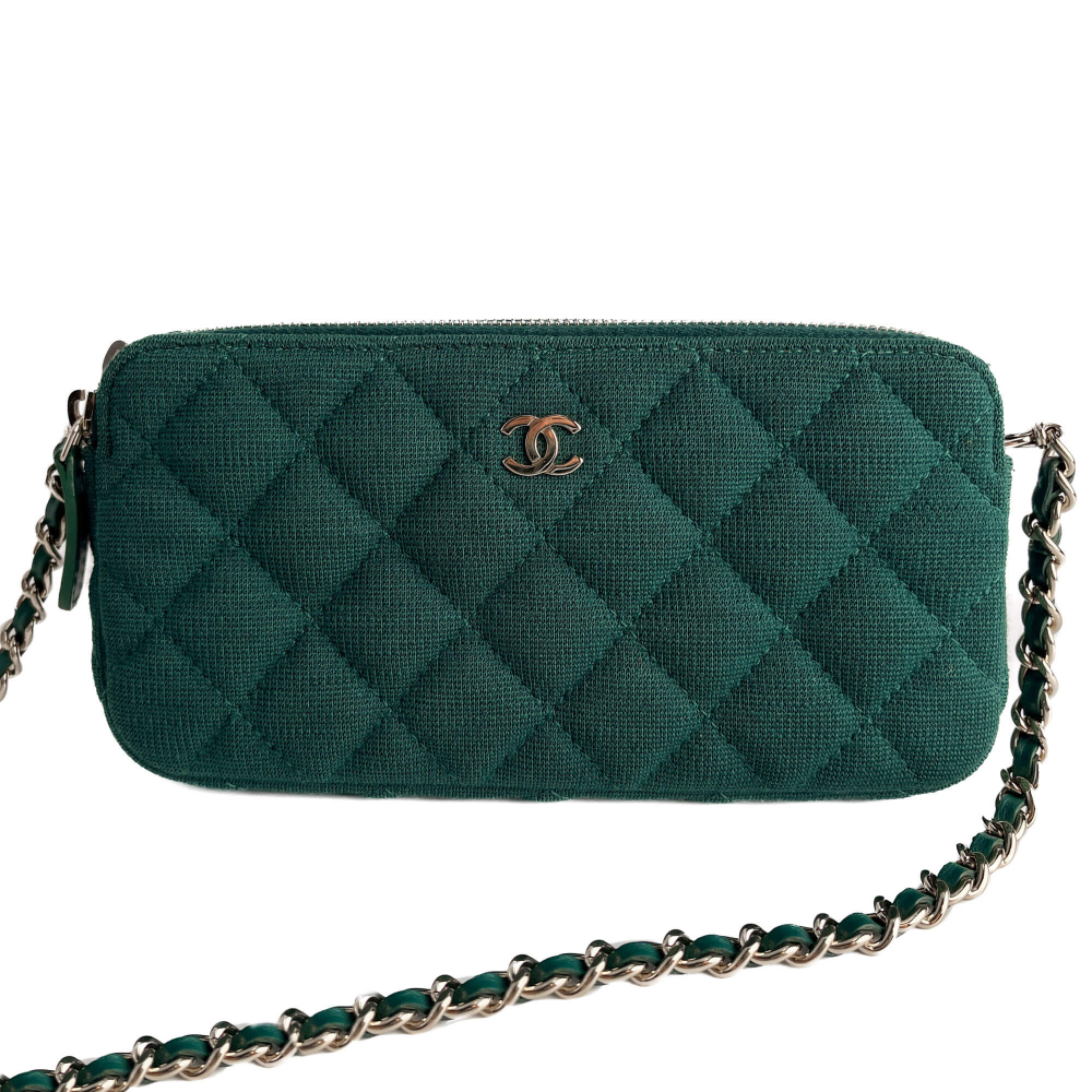 Chanel Phone Holder Mini Fabric Quilted Clutch Green
