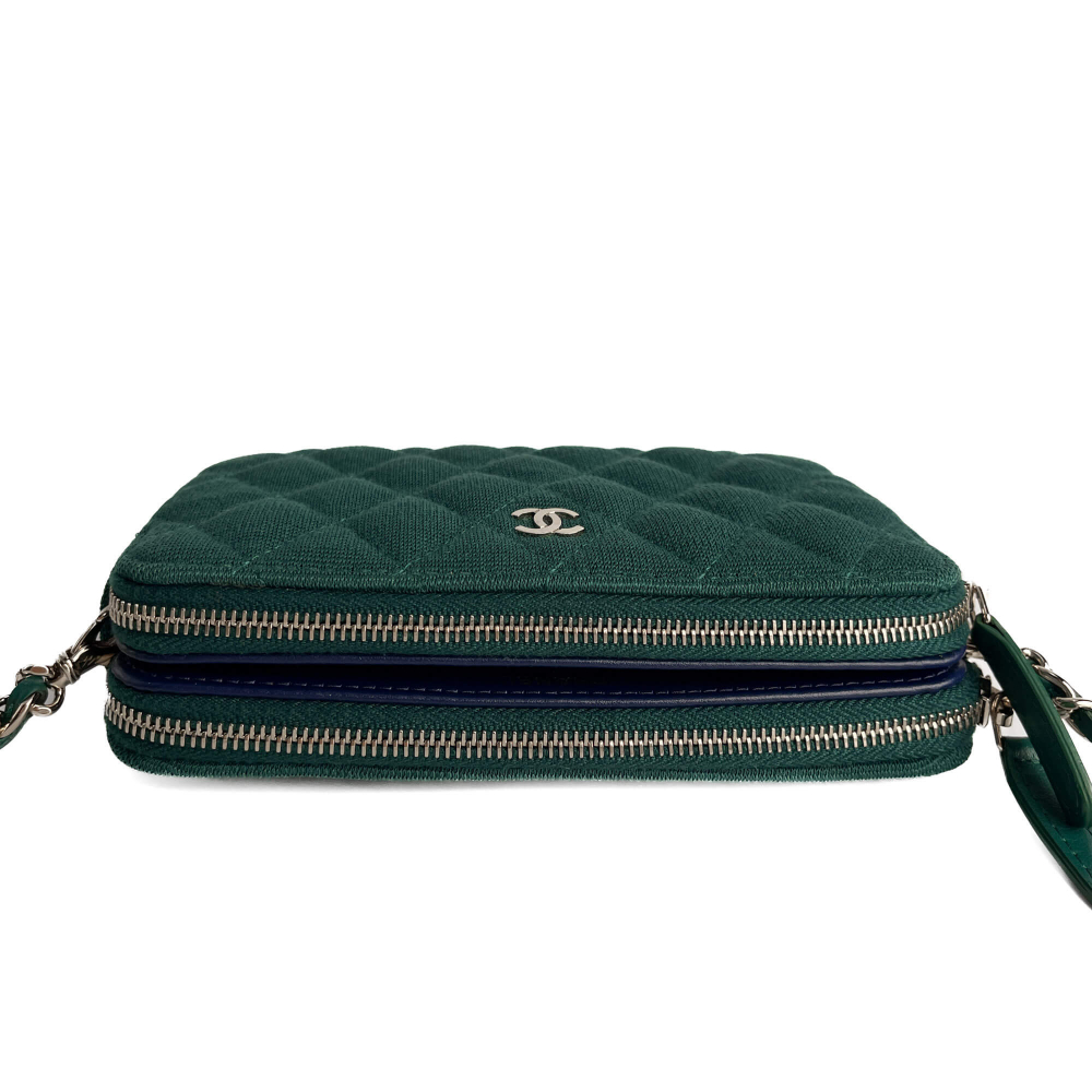 Chanel Phone Holder Mini Fabric Quilted Clutch Green
