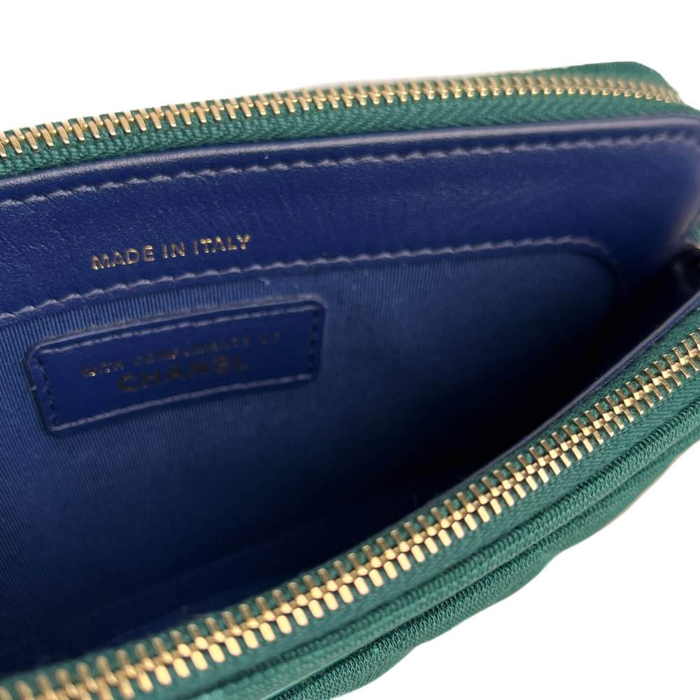 Chanel Phone Holder Mini Fabric Quilted Clutch Green