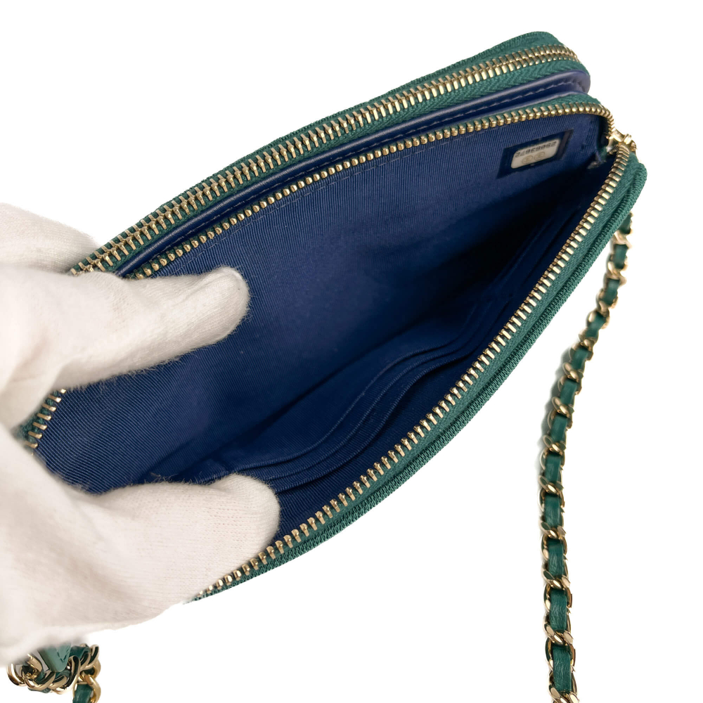 Chanel Phone Holder Mini Fabric Quilted Clutch Green