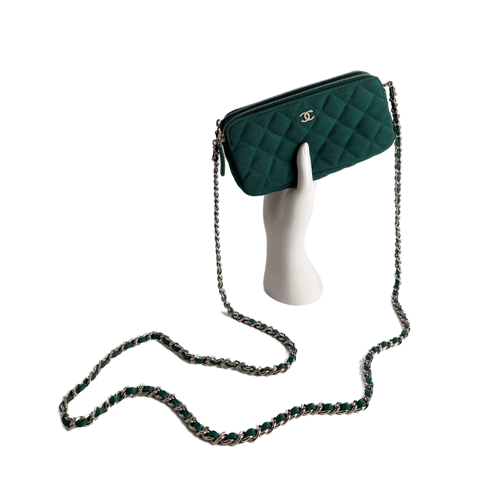 Chanel Phone Holder Mini Fabric Quilted Clutch Green
