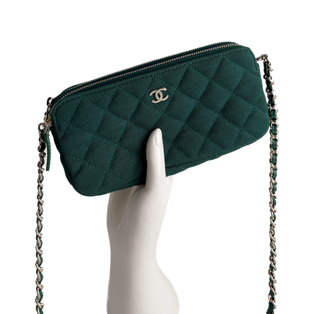 Chanel Phone Holder Mini Fabric Quilted Clutch Green