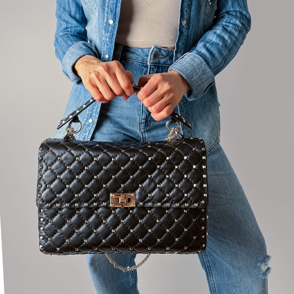 Valentino Rockstud Spike Large Calfskin Leather 2-Ways Flap Crossbody Black