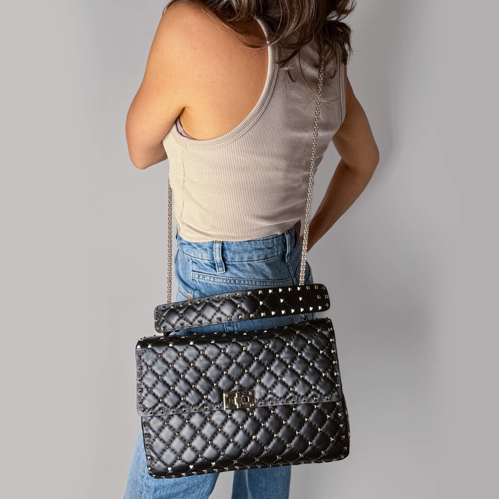 Valentino Rockstud Spike Large Calfskin Leather 2-Ways Flap Crossbody Black