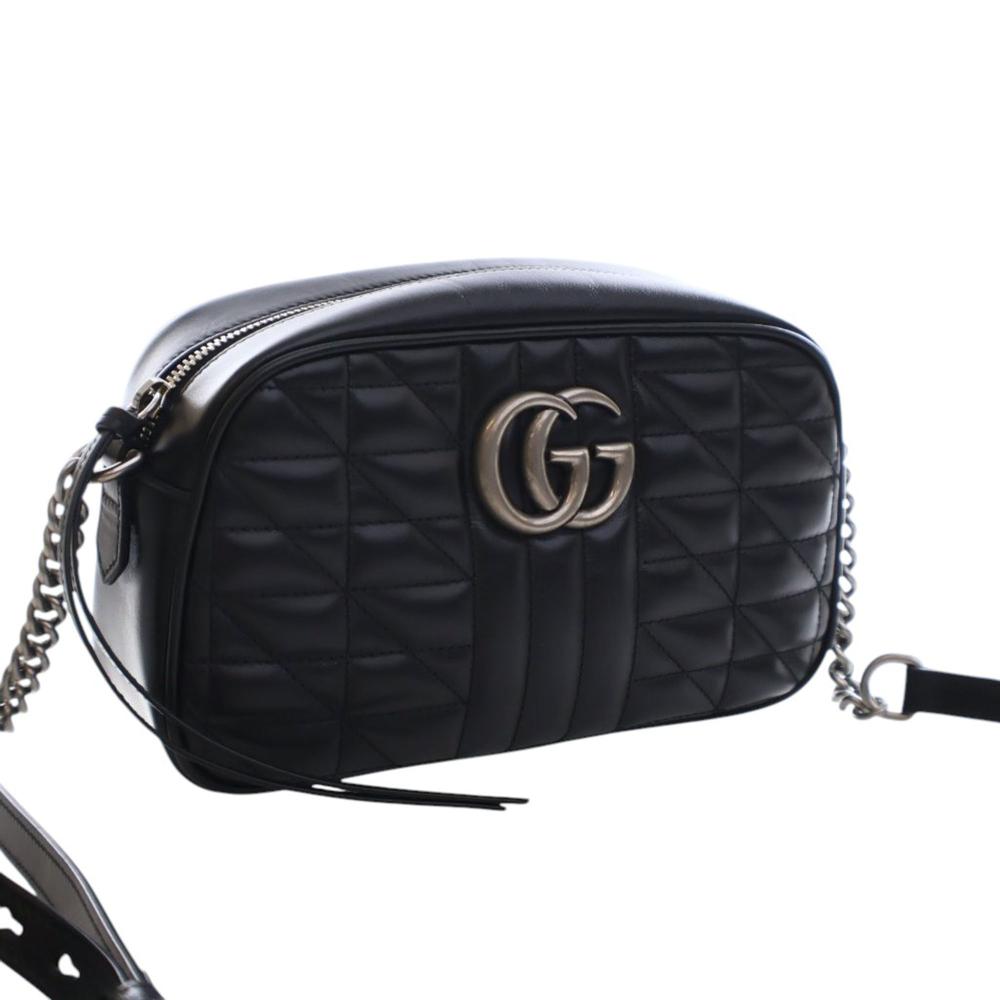 Gucci AB Gucci Black Calf Leather Small GG Marmont Matelasse Aria Crossbody Italy