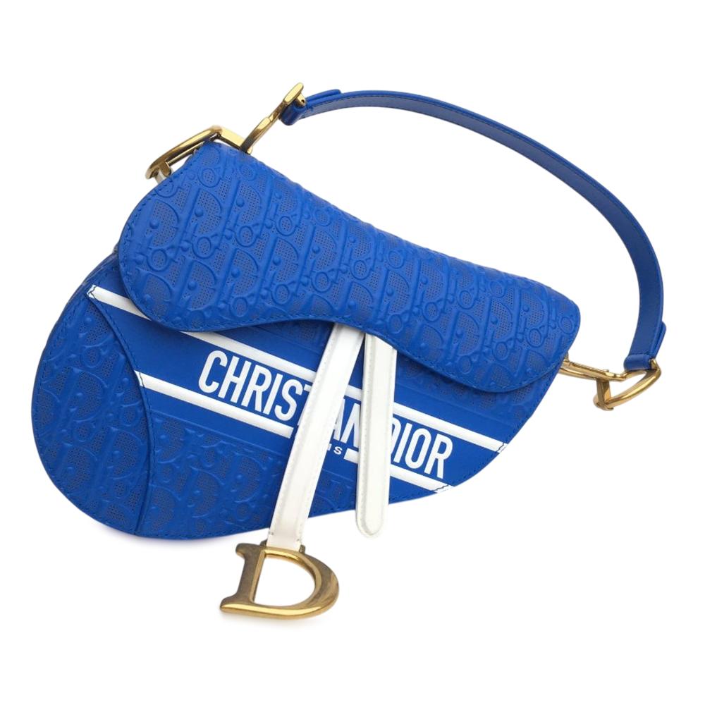 Christian Dior AB Dior Blue Calf Leather Perforated Oblique Embossed skin Saddle Bag Italy