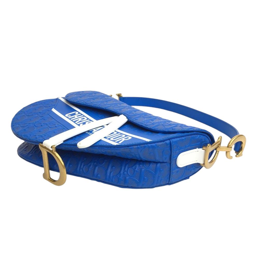 Christian Dior AB Dior Blue Calf Leather Perforated Oblique Embossed skin Saddle Bag Italy