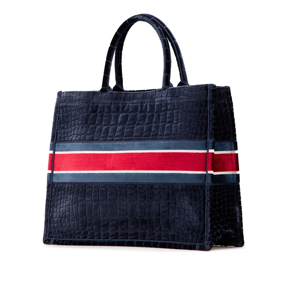 Christian Dior B Dior Blue Navy Velvet Fabric Large Embossed Book Tote Italy