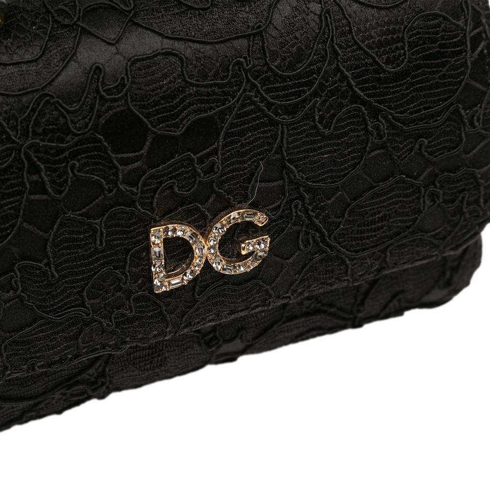 Dolce&Gabbana AB Dolce & Gabbana Black Silk Fabric and Lace Crystal Embellished DG Flap Satchel Italy