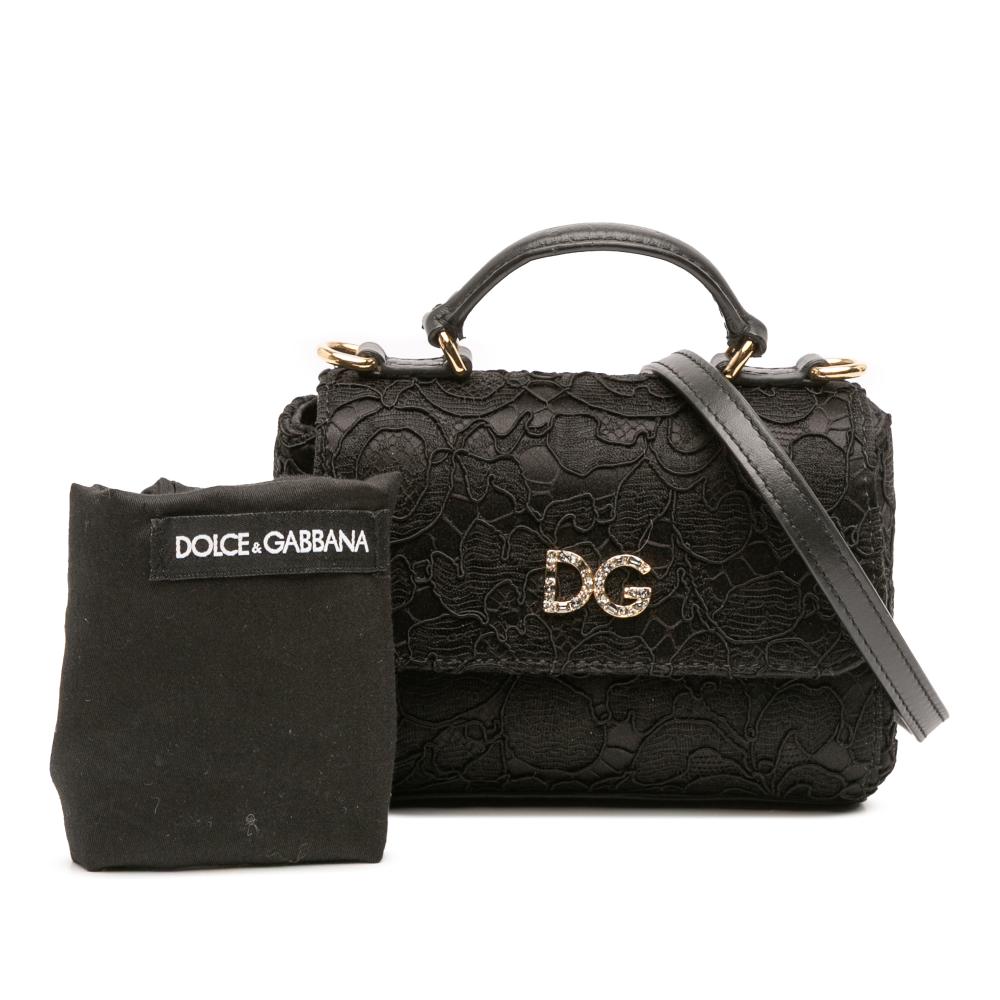 Dolce&Gabbana AB Dolce & Gabbana Black Silk Fabric and Lace Crystal Embellished DG Flap Satchel Italy