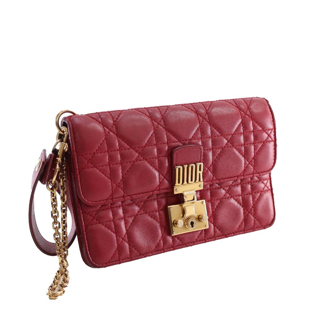 Christian Dior B Dior Red Lambskin Leather Leather Lambskin Cannage DiorAddict Wristlet Clutch Italy