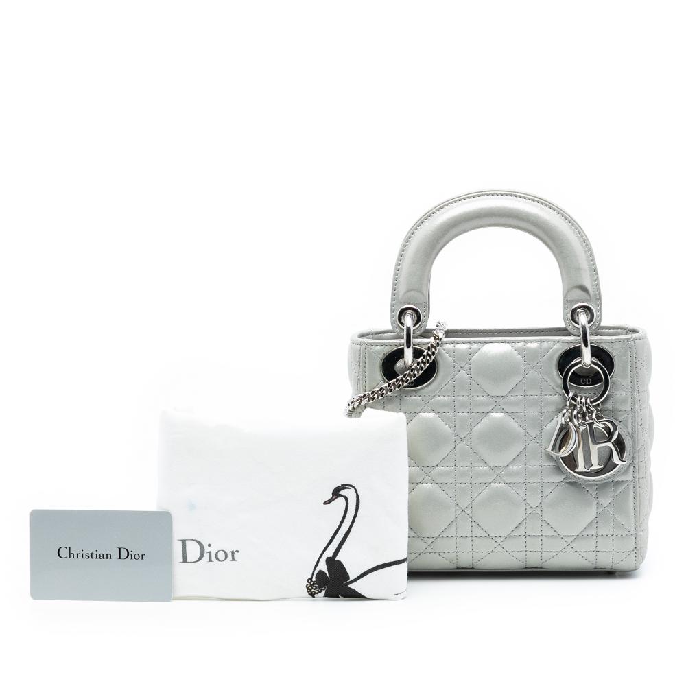 Christian Dior AB Dior Silver Lambskin Leather Leather Mini Iridescent Lambskin Cannage Lady Dior Italy