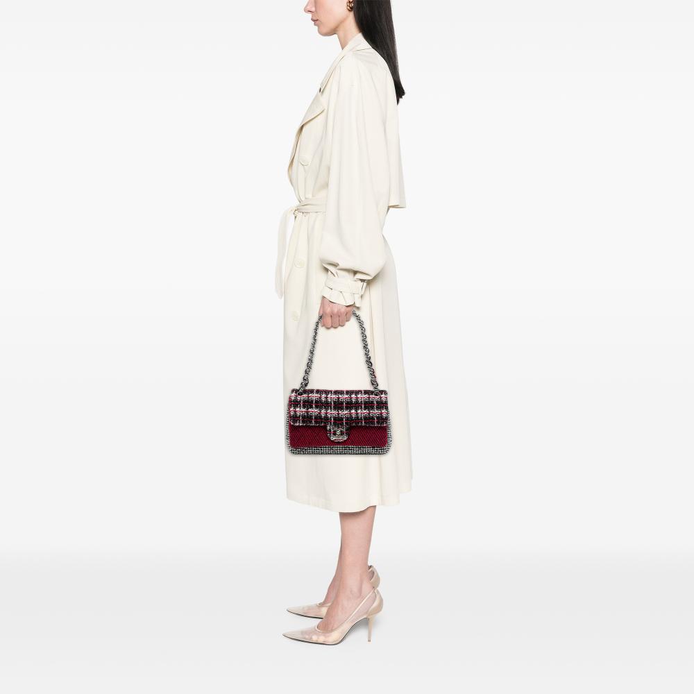 Chanel B Chanel Red Tweed Fabric Medium CC Multi Print Double Flap France