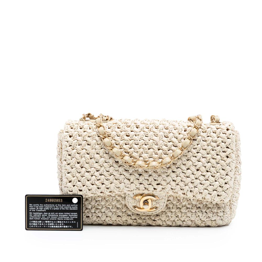 Chanel B Chanel Brown Light Beige Raffia Natural Material Medium Classic Crochet Single Flap Italy
