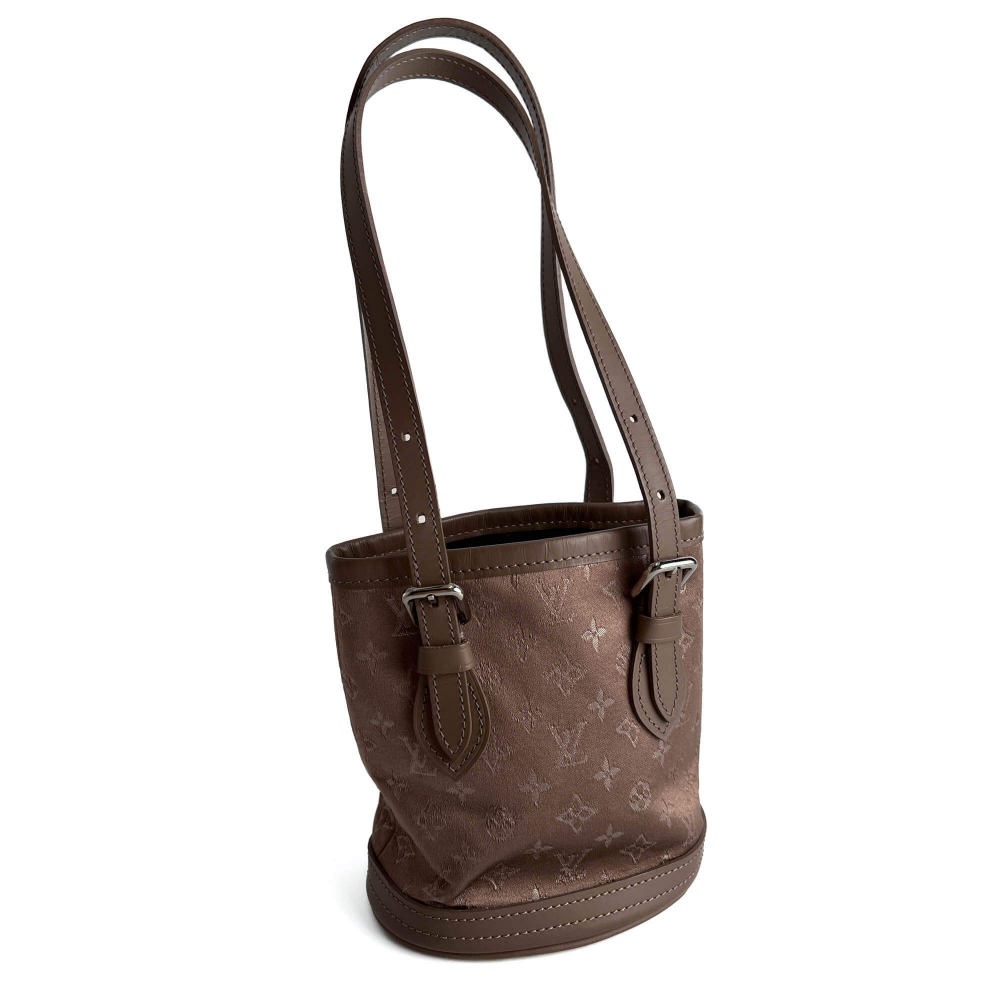 Louis Vuitton Bucket Mini Satin & Leather Bucket Handbag Taupe