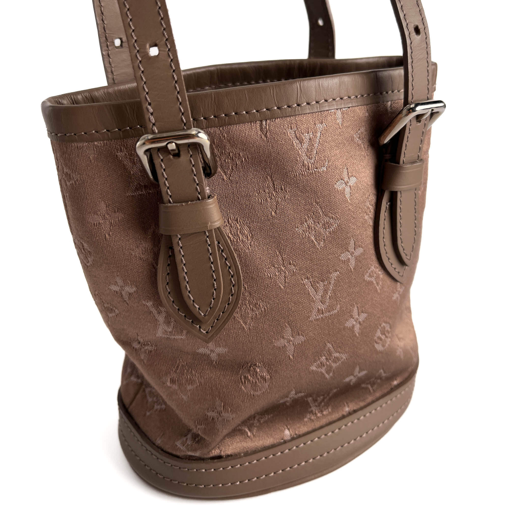 Louis Vuitton Bucket Mini Satin & Leather Bucket Handbag Taupe