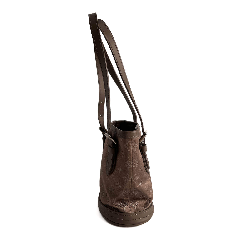 Louis Vuitton Bucket Mini Satin & Leather Bucket Handbag Taupe