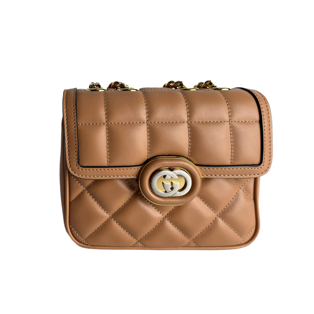 Gucci Deco Mini Leather Matelassé Flap Crossbody Dark Beige