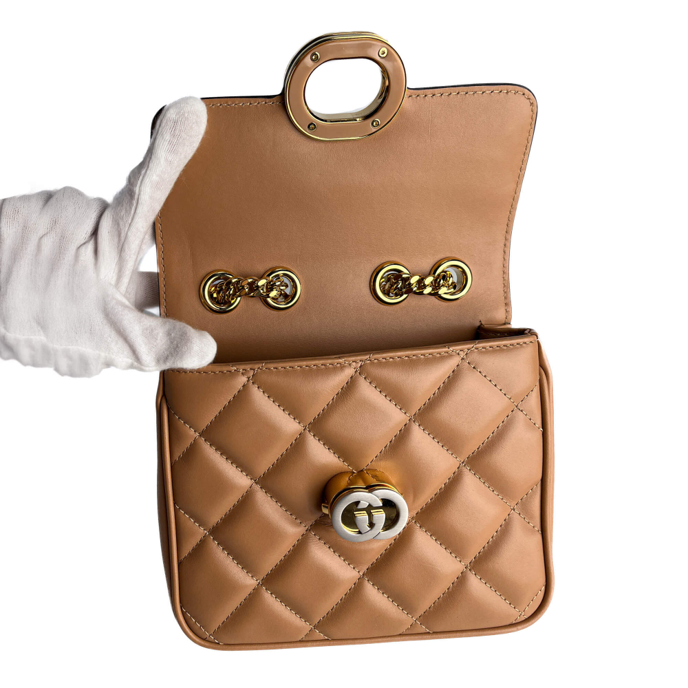 Gucci Deco Mini Leather Matelassé Flap Crossbody Dark Beige