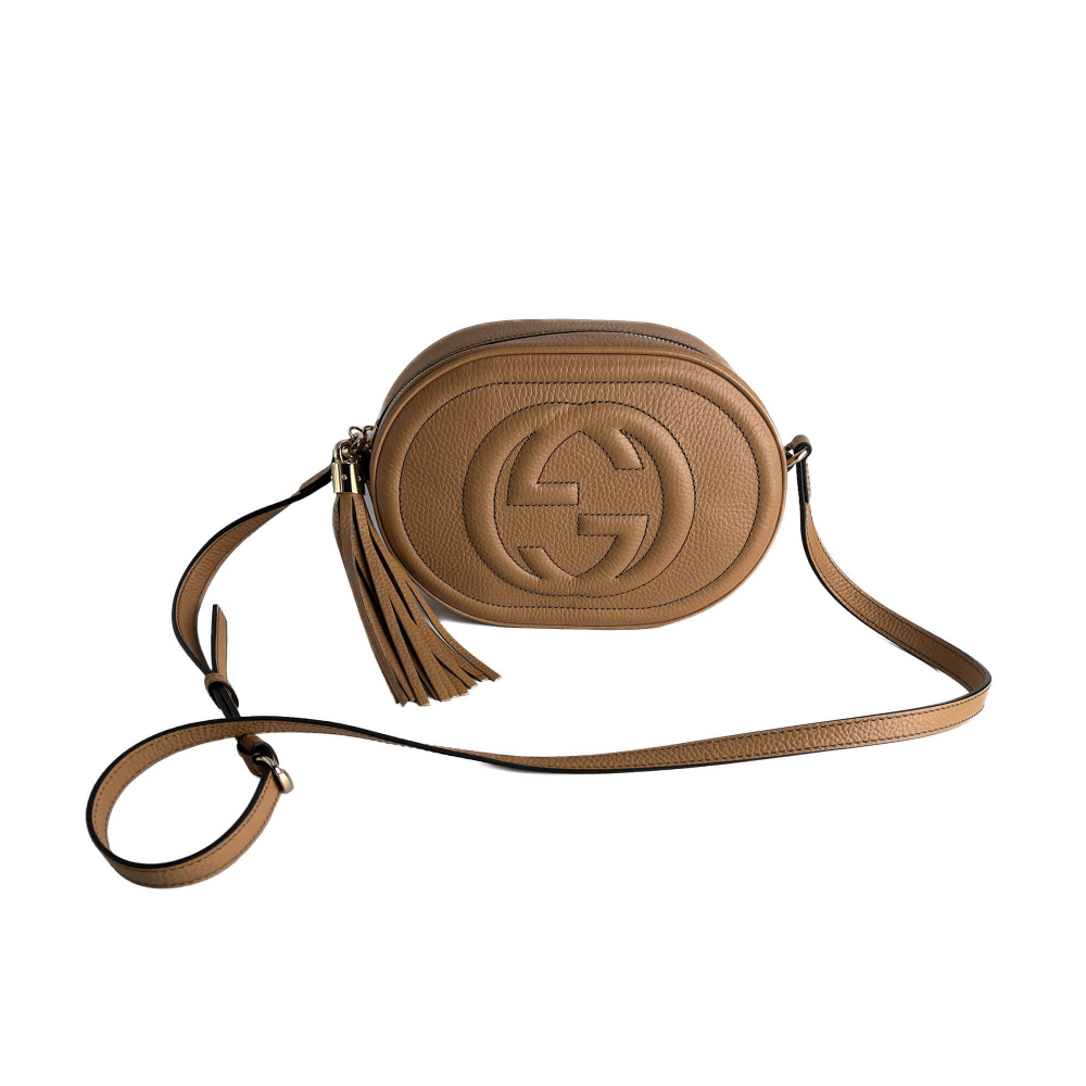 Gucci Disco Soho Leather Oval Camera Crossbody Dark Beige