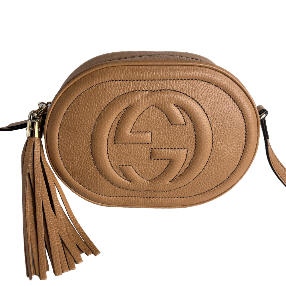 Gucci Disco Soho Leather Oval Camera Crossbody Dark Beige