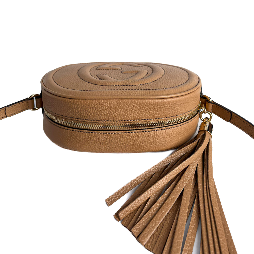 Gucci Disco Soho Leather Oval Camera Crossbody Dark Beige