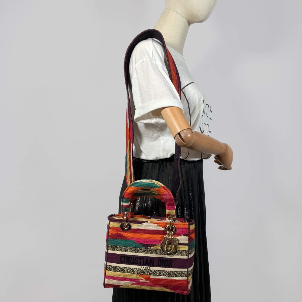Christian Dior Lady D-Lite Medium Embroidery Canvas 2-Ways Tote Bag Multicolor
